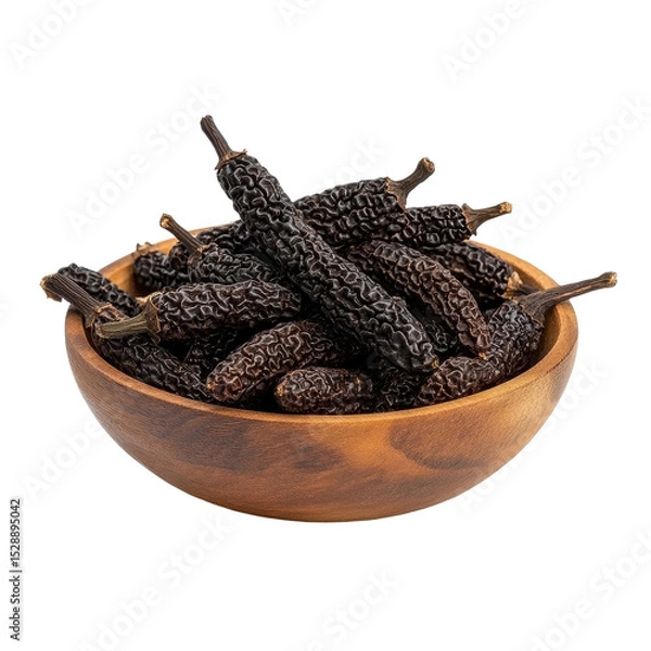 Fototapeta Long pepper displayed in a wooden bowl isolated on a Transparent background, long pepper in the bowlisolated on PNG background