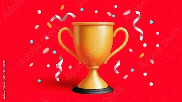Fototapeta Golden trophy with confetti on red background