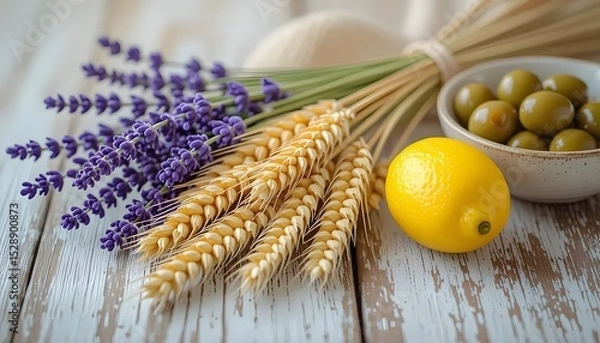 Obraz Natura morta o still life simbolo dell'estate: composizione con un mazzo di spighe di grano, lavanda, olive e limoni