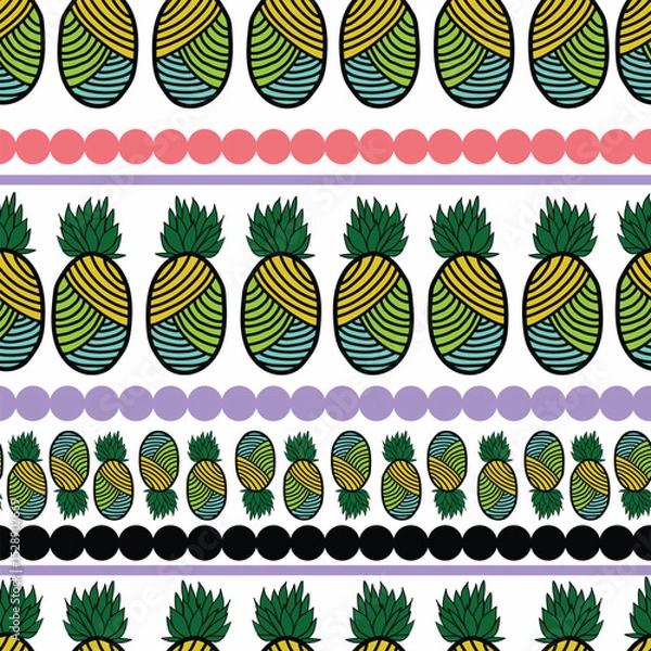 Fototapeta abstract pineapples with stripes colorful seamless pattern. Abstract colorful line art pineapples with colorful rounded stripes seamless pattern. It is goof for tiles, decoration, packaging and more.