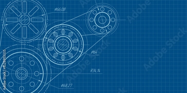Fototapeta School education, study. Gears. Engineering industry. Technical drawing of gear .Technology background. Vector illustration.