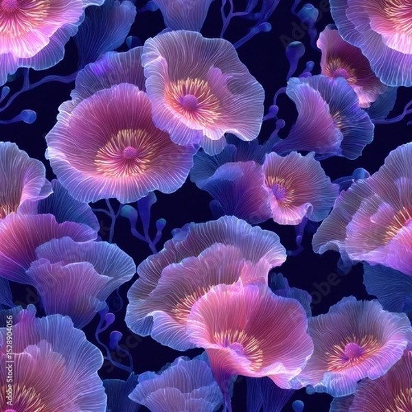 Obraz Vibrant glowing abstract floral seamless pattern on dark background.