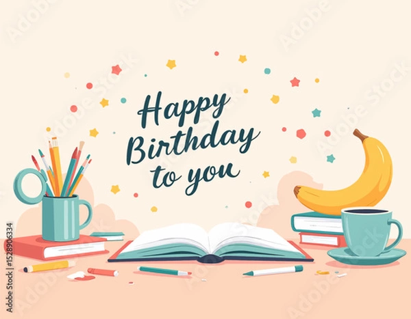 Obraz Celebratory Birthday Card with Books, Coffee, and Banana