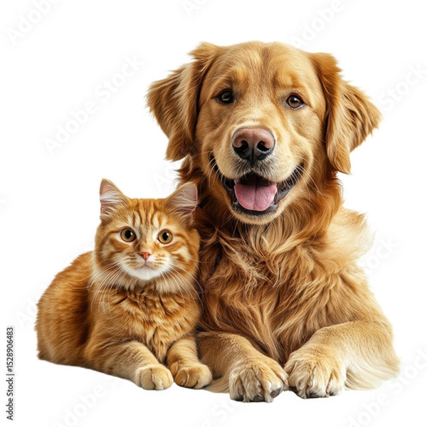 Fototapeta Golden retriever and tabby cat sitting isolated on transparent background.