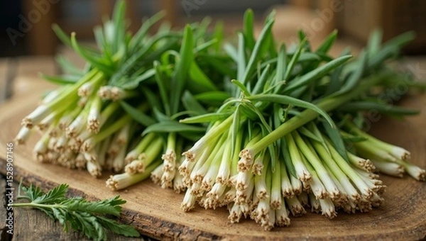 Fototapeta Fresh green asparagus on wooden cutting board with white tips