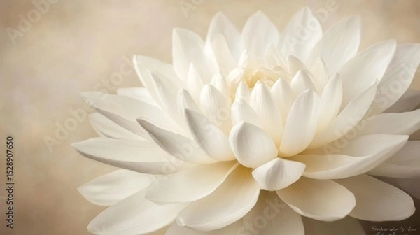 Fototapeta 66.A close-up image of a pure white flower standing alone, its intricate petal structure illuminated by natural light, with a softly blurred earthy backdrop.