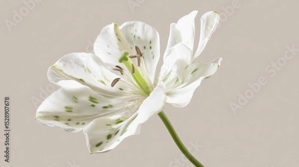 Fototapeta 26.A detailed macro shot of a single delicate flower, its smooth white petals adorned with soft green spots, standing tall on a thin, graceful stem.