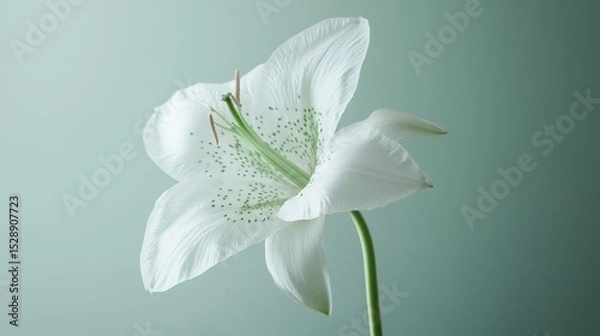 Fototapeta 26.A detailed macro shot of a single delicate flower, its smooth white petals adorned with soft green spots, standing tall on a thin, graceful stem.