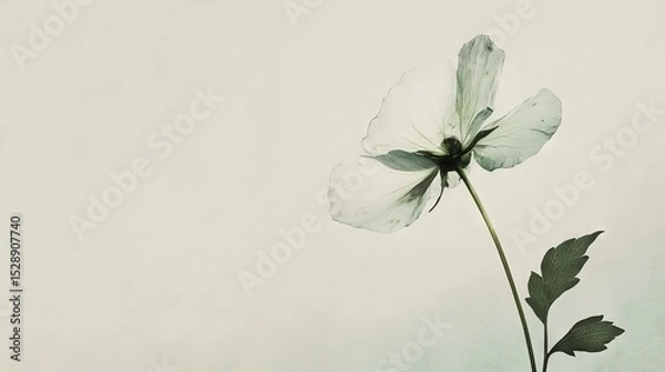 Fototapeta 29.A minimalist composition of a fragile flower with smooth petals marked by vibrant green spots, isolated against a soft, neutral background.