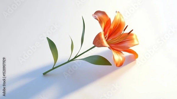 Fototapeta 60.A realistic depiction of a single orange lily stem, its vibrant flowers captured with intricate detail, including soft shadows, isolated on a white backdrop.