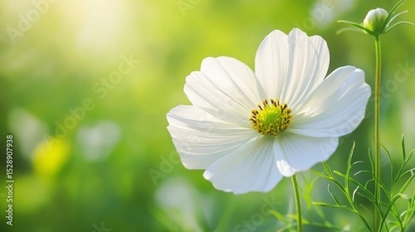 Fototapeta 62.A detailed macro view of a single pristine white flower blooming in a lush green meadow, its delicate petals glowing softly under warm sunlight.