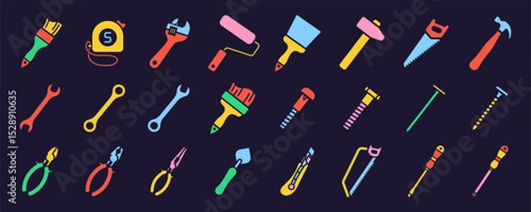 Fototapeta Construction tools vector colorful icon set. Adjustable wrench, brush, roller, hammer and nails. Screw, nut and bolt. Tape measure, screwdriver, putty knife, saw, pliers and wire cutters