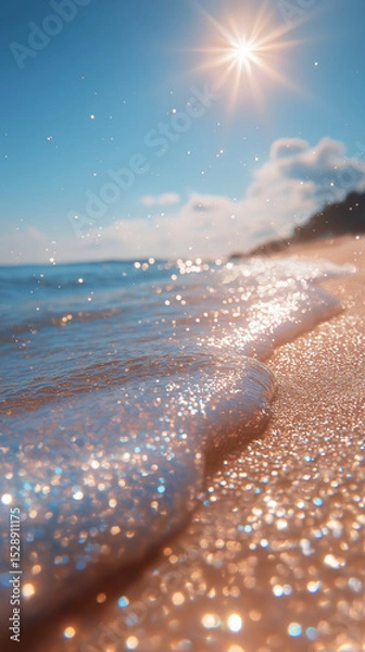 Fototapeta Illustration of sand and sea with waves crashing on the shore, sparkling in sunlight.