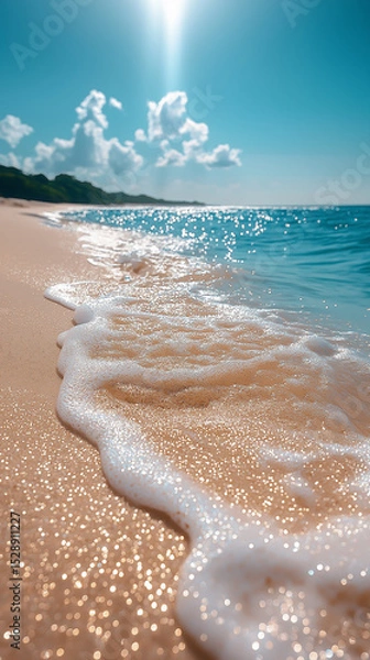 Fototapeta Illustration of sand and sea with waves crashing on the shore, sparkling in sunlight.