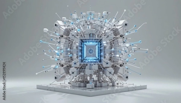 Fototapeta A sculpture of a modular quantum processor, isolated on white, with geometric pieces connected by light beams, a sleek design, and a photorealistic depiction
