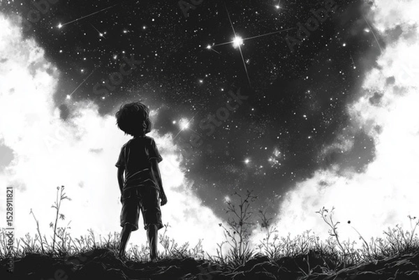 Fototapeta A boy stands under a starry sky on a moon in a quiet night atmosphere ,The boy is touching the stars in the sky, Sketch
