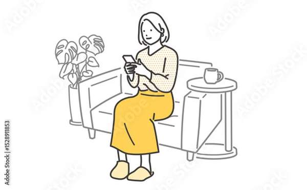 Fototapeta ソファでくつろぎながら携帯を操作する若い女性のイラスト素材