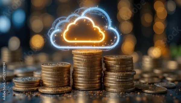 Fototapeta Cost-effectiveness savings via cloud computing. Coins on a stack with a luminous cloud emblem. Budgeting, resource optimization, and automation performance management. Data, digital transformation, an