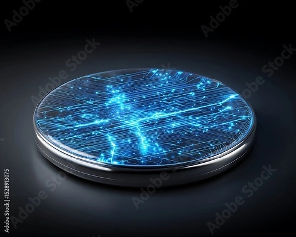 Obraz icy blue electric wireless charger with frozen circuit lines abstract cold glow theme stylized electronics mockup