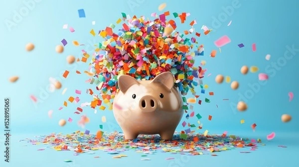 Fototapeta Cute piggy bank with colorful confetti explosion on blue background celebrating savings and financial dreams