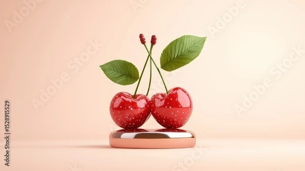 Fototapeta Minimalist Still Life with Juicy Red Cherries, Green Leaves, and a Modern Smartphone on Soft Pink Background