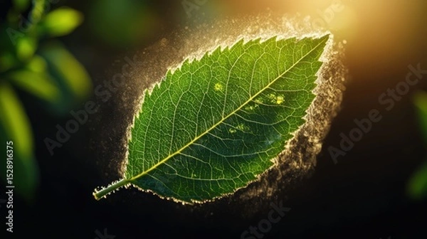 Fototapeta Close-up of a green leaf covered in fine white dust or spores with sunlight background and detailed texture