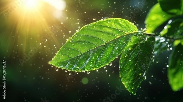 Fototapeta Close-up of vibrant green leaves with water droplets on a sunny day in nature with sunlight shining through