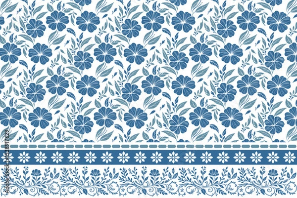 Obraz home textile fashion seamless design.border embroidery blue floral sketch.trendy line floral pattern minimalism.elegant white background simple petal.hand-drawn botanical outline leaves

