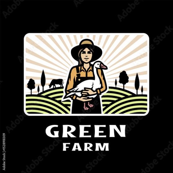 Obraz A girl farmer with a goose in her hands against the background of a farm. Logo, emblem on dark background.