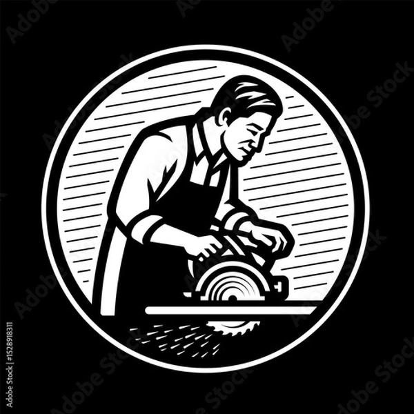 Obraz Carpenter with circular saw logo, emblem on dark background.