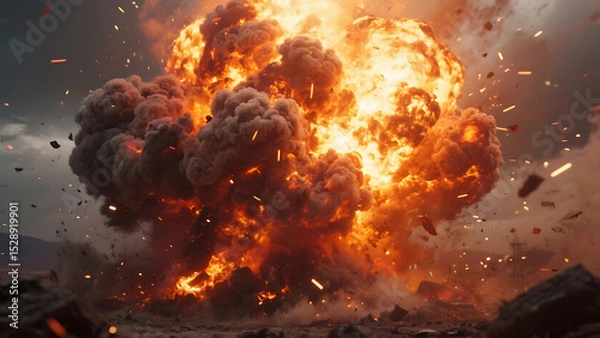 Fototapeta Massive explosion fireball with debris and smoke