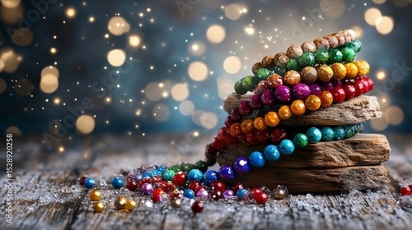 Obraz Vibrant Colorful Beaded Necklaces and Bracelets on Rustic Wood