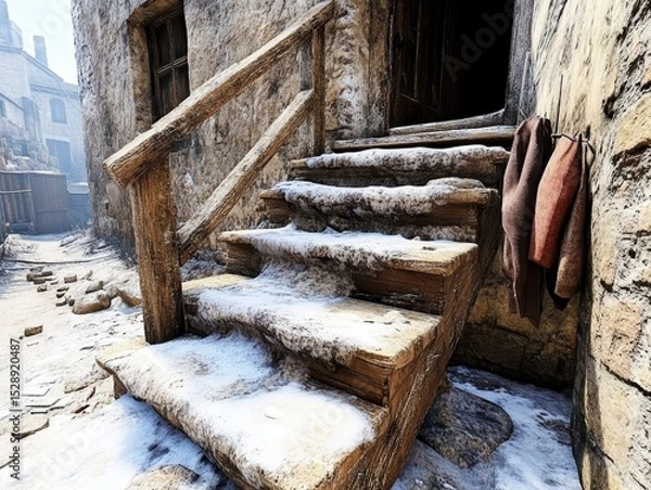 Obraz Rustic Wooden Steps Covered in Snow Winter Scene Photography