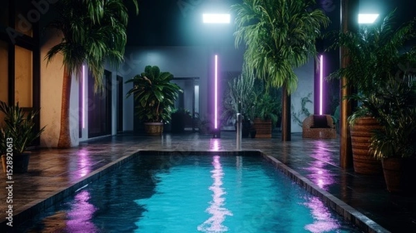 Obraz Neon Nights Tropical Poolside Paradise - 3D Render