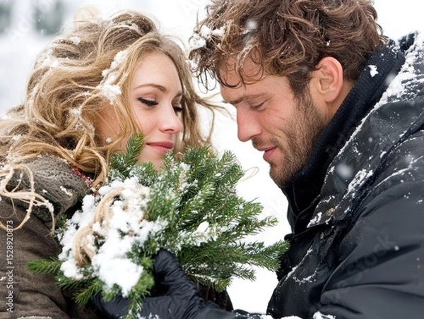 Obraz Romantic Couple in Snowy Winter Wonderland A Close-Up Portrait
