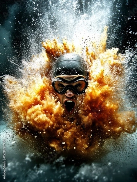 Obraz Swimmer Exploding Through Orange Ink Underwater Dynamic Action Shot