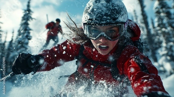 Obraz Thrilling Ski Descent Woman Speeding Down Snowy Mountain Slope