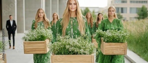 Obraz Women in Green Dresses Carrying Wooden Crates of Plants