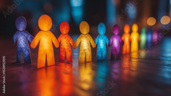 Fototapeta A group of colorful 3D paper people holding hands, symbolizing unity and teamwork.
