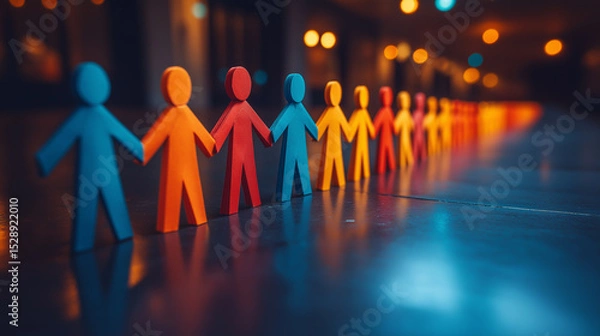 Fototapeta A group of colorful 3D paper people holding hands, symbolizing unity and teamwork.