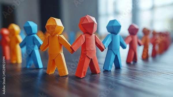 Fototapeta A group of colorful 3D paper people holding hands, symbolizing unity and teamwork.