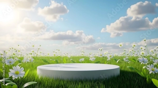 Fototapeta Bright spring landscape with colorful flowers and a circular platform under a blue sky