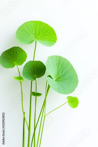 Fototapeta A fresh display of green circular leaves on thin stems against a minimalistic white background.