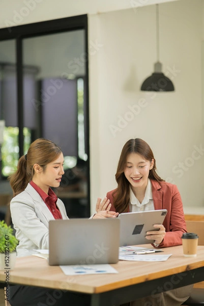 Fototapeta Two Asian businesswomen using laptops, on the table there are graph documents working on business investment.