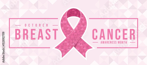 Fototapeta October, breast cancer awareness month - Pink ribbon awareness sign with low poly texture in between text in line pink frame vector design
