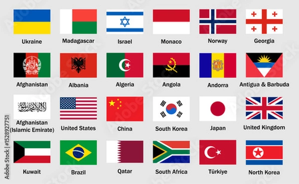 Obraz Collection of world national flags with country names. World country flags set. Set of international country flags. including USA, UK, India, Germany, France, and others. Vector illustration.