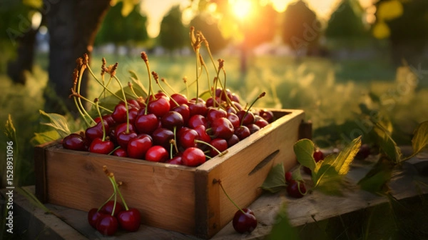 Fototapeta Cherries harvested in a wooden box in an orchard with sunset. Natural organic fruit abundance. Agriculture, healthy and natural food concept. Horizontal composition.