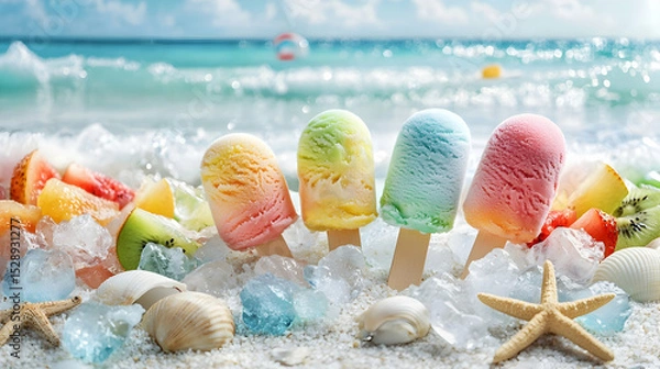 Fototapeta Colorful fruit ice creams on ice cubes, each paired with fresh fruit, placed on a sandy beach with seashells, starfish, and waves in the background. A vibrant and refreshing summer composition.