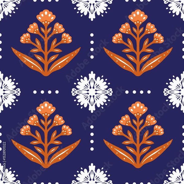 Fototapeta Floral repeat seamless pattern in dark blue and orange colors. Geometrical symmetrical abstract flowers and white mandala  lace ornaments in block print inspired endless backdrop
