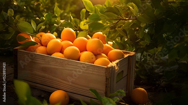 Fototapeta Oranges harvested in a wooden box with orchard and sunshine in the background. Natural organic fruit abundance. Agriculture, healthy and natural food concept. Vertical composition.